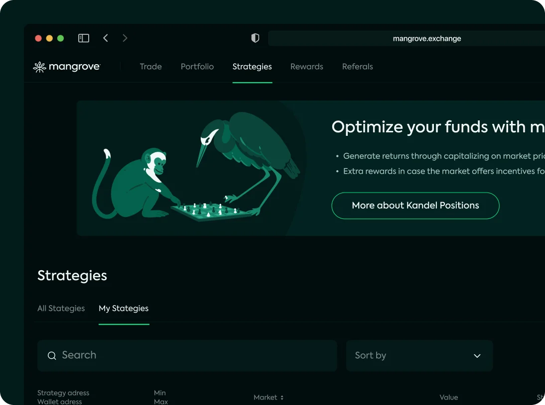 Website interface of Mangrove strategies page showing menu with options Trade, Portfolio, Strategies, Rewards, Referrals, and a banner with a monkey and a bird playing chess next to text about optimizing funds and Kandel Positions.