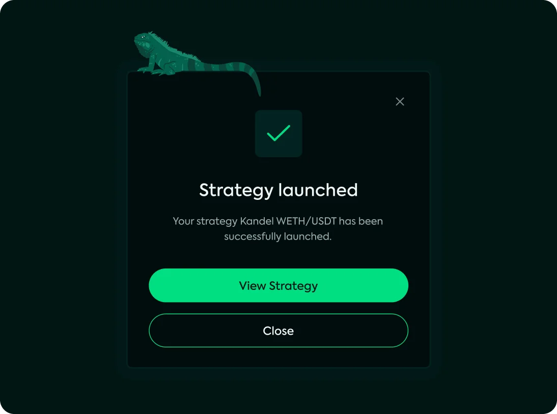 Popup message with a green check mark and an iguana illustration on top left, stating 'Strategy launched' for Kandel WETH/USDT with buttons to view strategy or close.