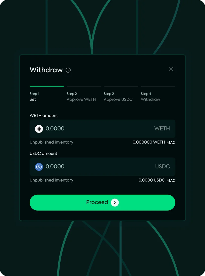Cryptocurrency withdrawal interface showing steps to set withdrawal amounts for WETH and USDC, with options to enter amounts and a green 'Proceed' button.