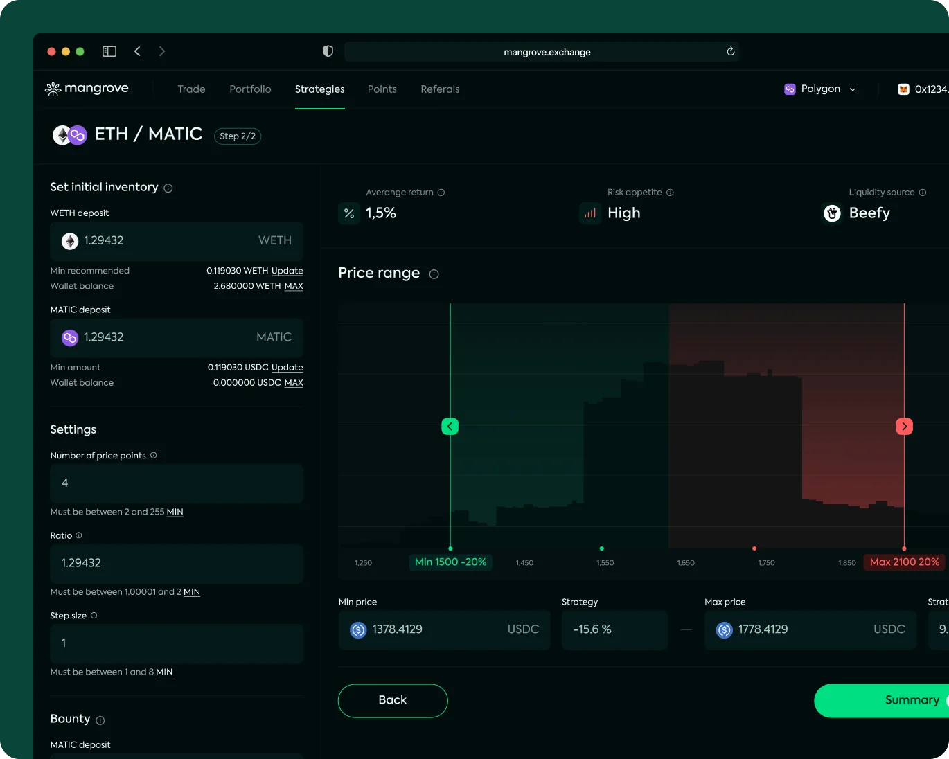 Cryptocurrency trading interface for ETH/MATIC on mangrove.exchange showing initial inventory settings, price range with min and max price, risk appetite as high, and liquidity source Beefy.