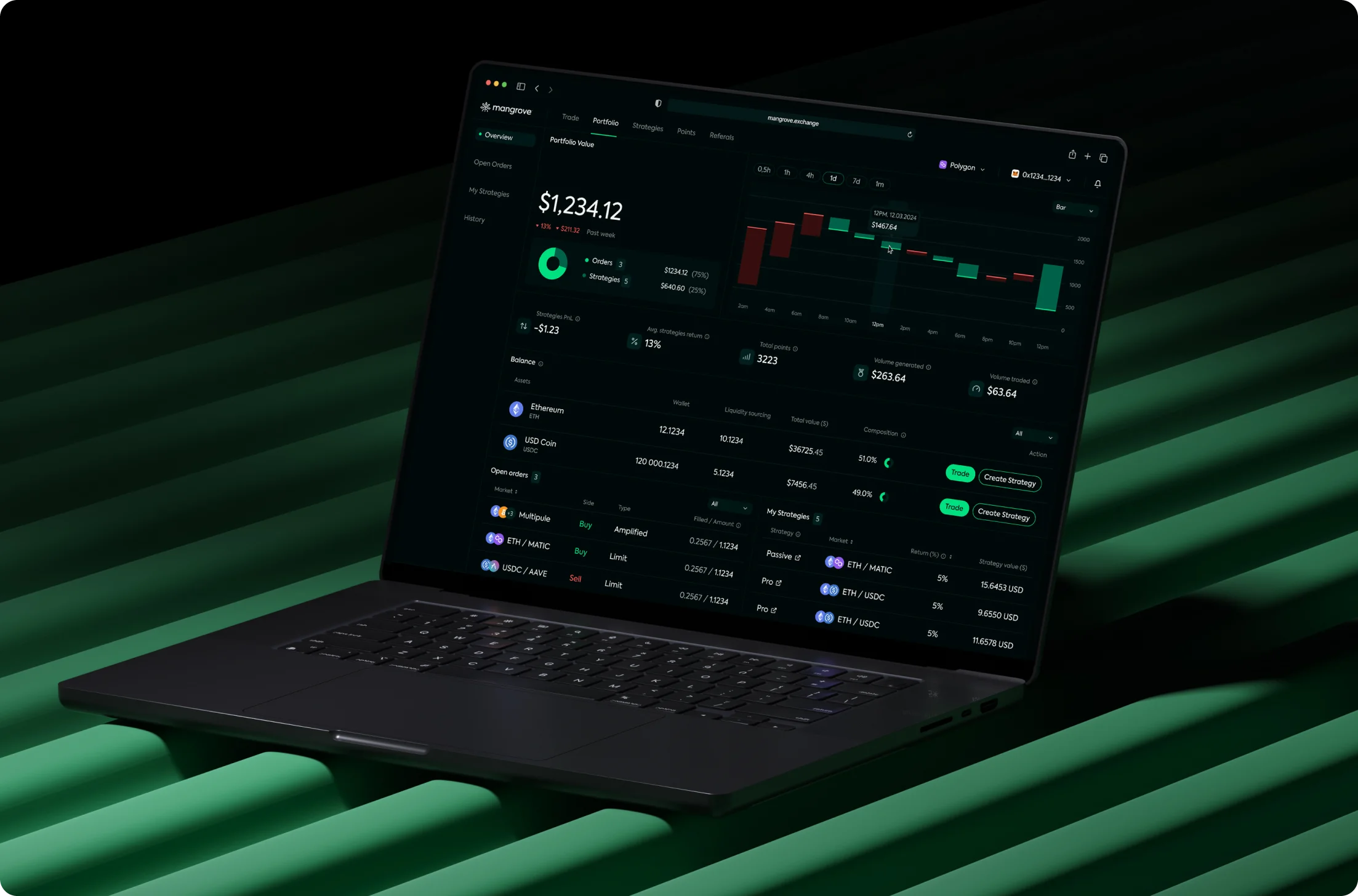 Open laptop displaying a dark-themed cryptocurrency portfolio dashboard with charts, balances, and trade options.