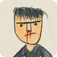 Child's drawing of a person with black hair, round eyes, a simple nose, and a red line representing the mouth.