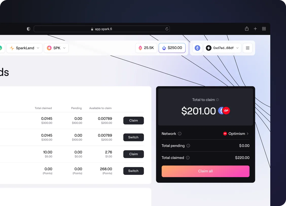 Dashboard showing cryptocurrency balances with total claim amount of $201.00 on Optimism network and claim buttons for individual tokens.