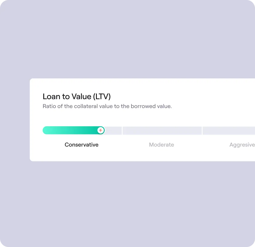 Loan to Value (LTV) scale with a marker positioned in the Conservative range on a gradient bar from Conservative to Aggressive.