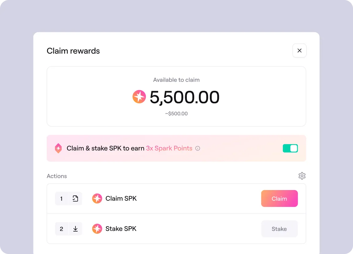 Dashboard interface showing 5,500 SPK available to claim, equivalent to about $500, with options to claim or stake SPK and an enabled toggle for earning 3x Spark Points.