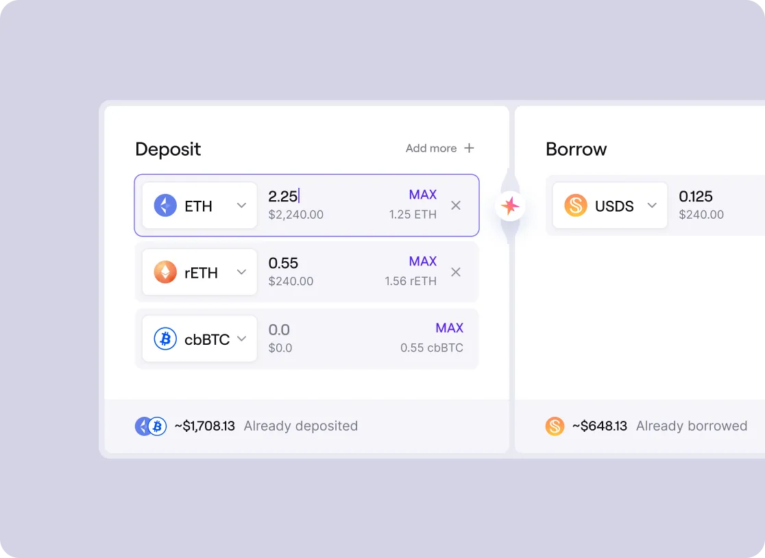 Cryptocurrency dashboard showing deposit amounts for ETH, rETH, and cbBTC on the left, and borrowed USDS on the right, with total already deposited and borrowed values displayed below.
