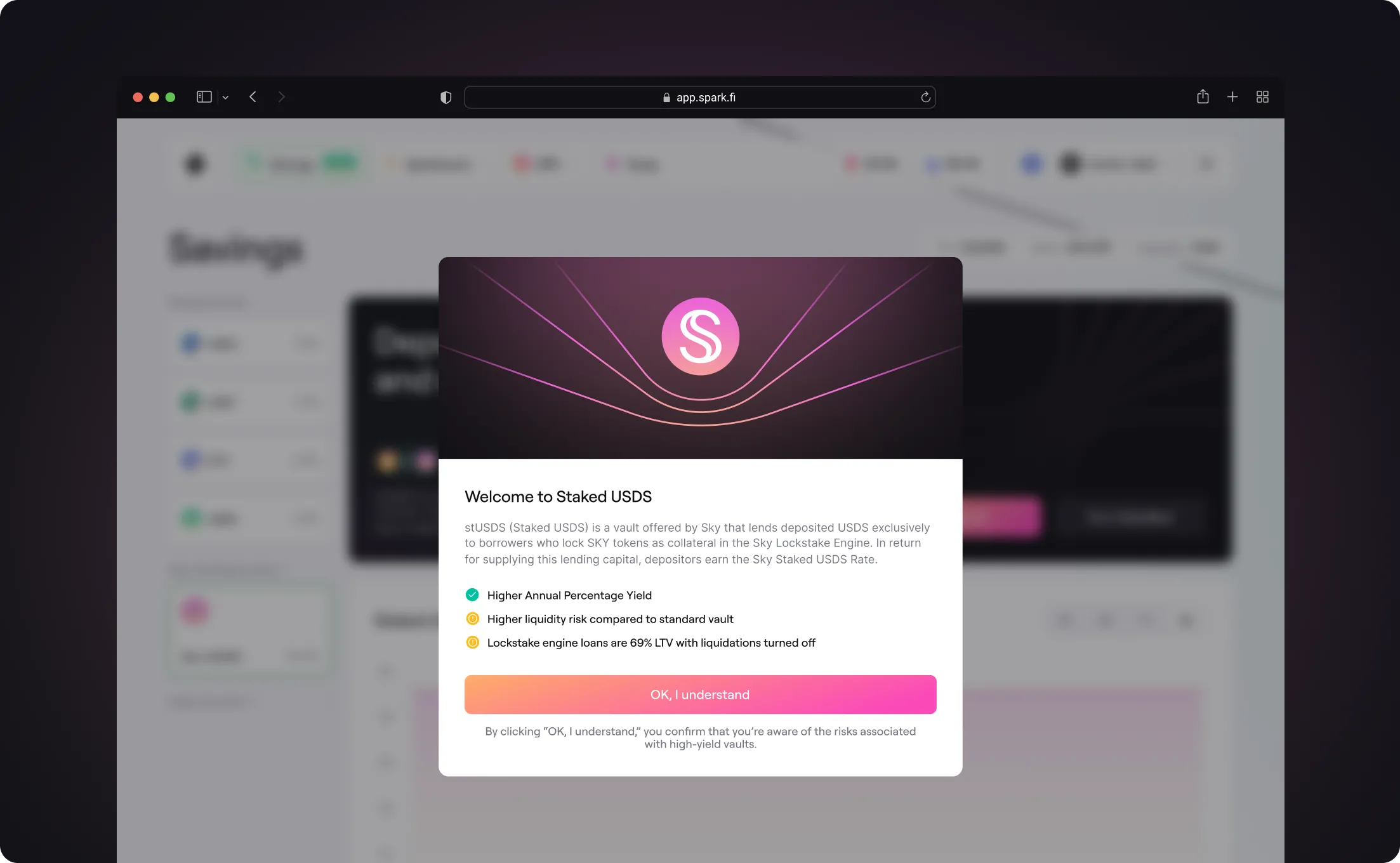 Webpage popup from app.spark.fi welcoming users to Staked USDS vault, highlighting benefits and risks with an OK button.