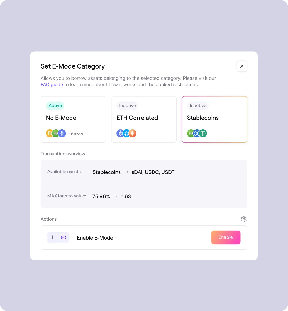 User interface to set E-Mode category with options No E-Mode (active), ETH Correlated (inactive), and Stablecoins (inactive), showing transaction overview with available stablecoins sDAI, USDC, USDT, max loan to value 75.96% to 4.63, and an Enable E-Mode button.