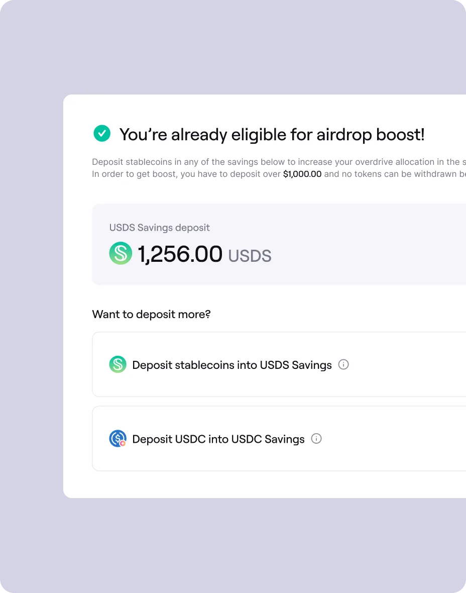 Notification stating eligibility for airdrop boost with a USDS savings deposit of 1,256.00 USDS and options to deposit more stablecoins or USDC into savings.