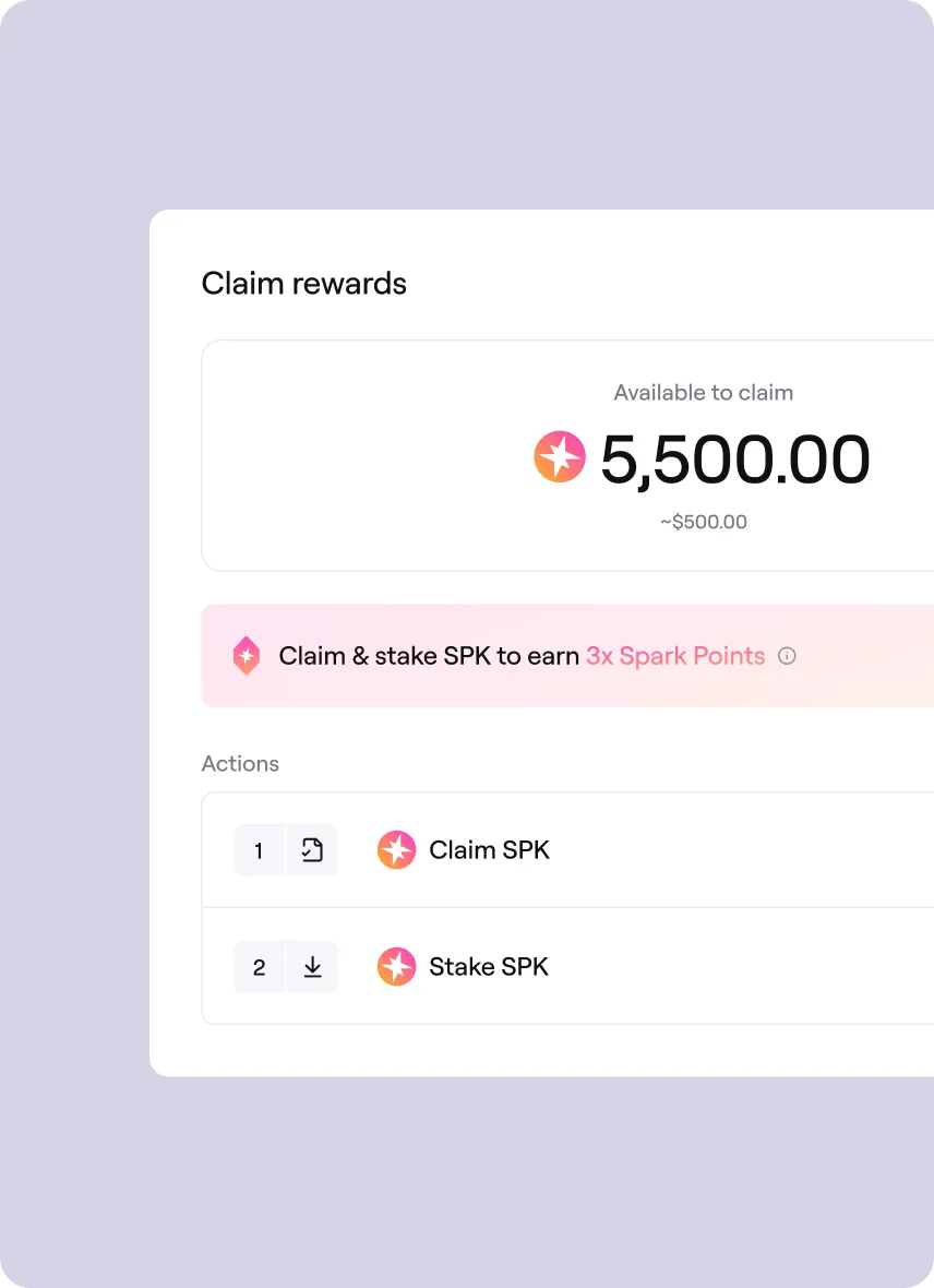 User interface showing 5,500 Spark Points available to claim, approximately worth $500, with options to claim SPK or stake SPK to earn 3x Spark Points.