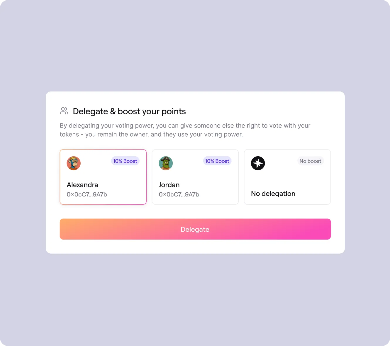 User interface for delegating voting power with options to choose Alexandra or Jordan for a 10% boost, or no delegation with no boost.