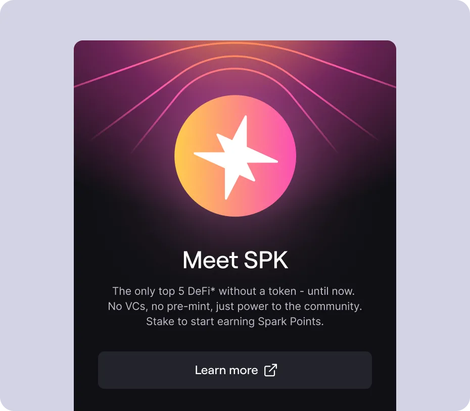 Promotional card with gradient star logo introducing SPK, a top 5 DeFi without a token, encouraging staking to earn Spark Points.