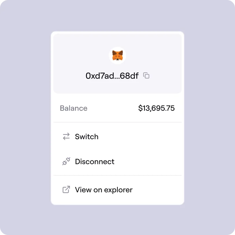 Cryptocurrency wallet interface showing partial address, balance of $13,695.75, and options to switch, disconnect, or view on explorer.