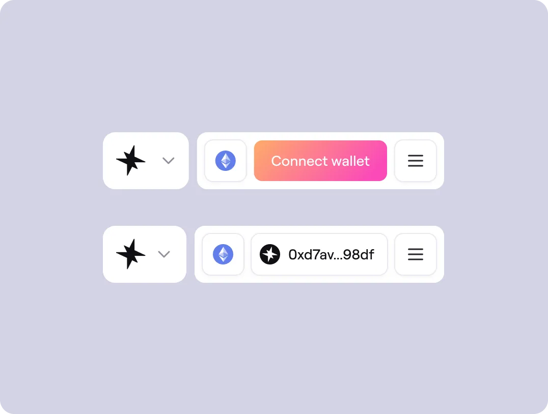 UI showing two wallet connection states: top with 'Connect wallet' button and Ethereum icon, bottom showing connected wallet address '0xd7av...98df' with icons.