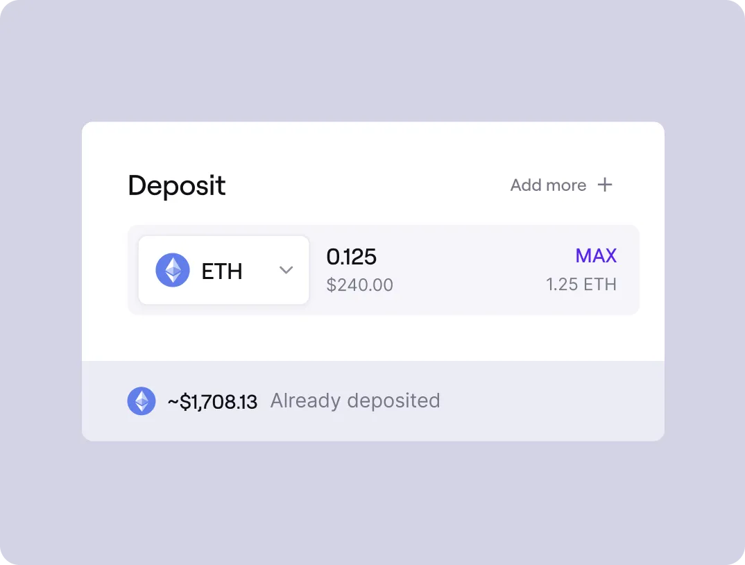 Cryptocurrency deposit interface showing Ethereum (ETH) deposit of 0.125 ETH valued at $240, with a max balance of 1.25 ETH and already deposited amount around $1,708.13.