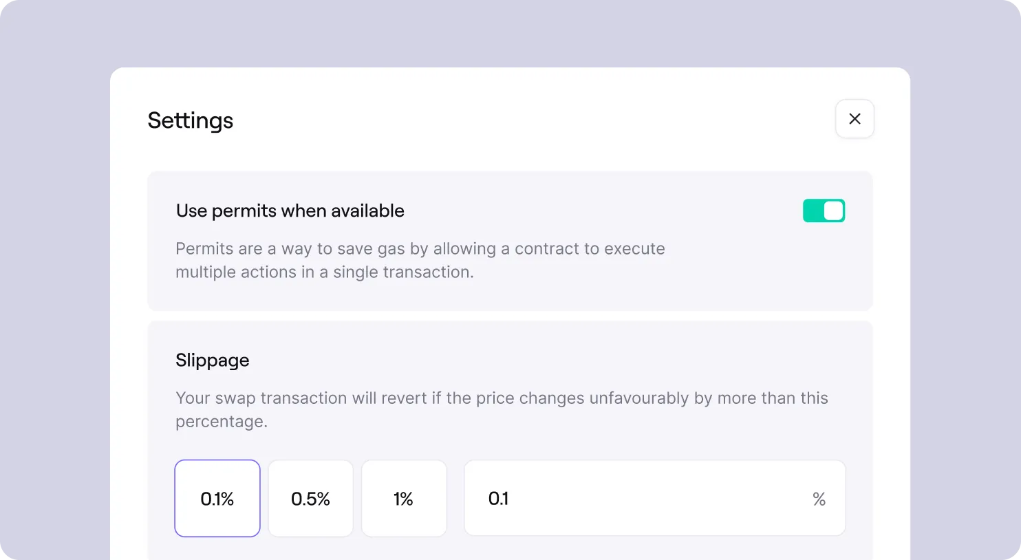 Settings panel with options to enable permits for gas savings and to set slippage tolerance with selectable percentages of 0.1%, 0.5%, 1%, or custom input.