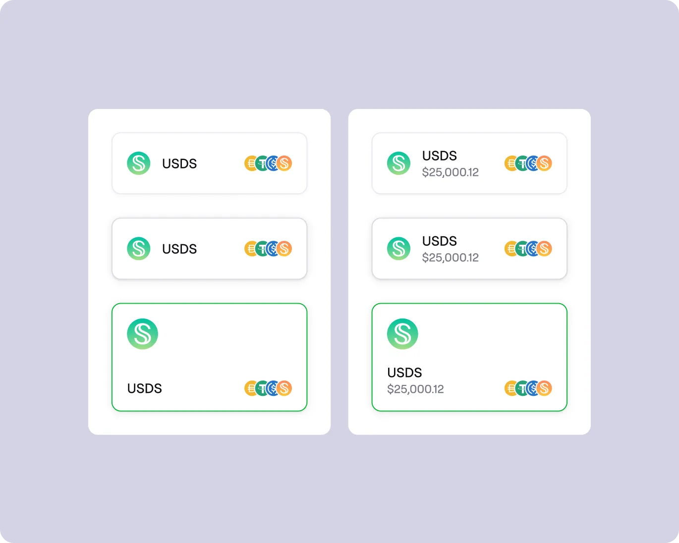 Two columns of UI cards displaying USDS cryptocurrency logos with some cards showing a $25,000.12 balance and multiple currency icons.
