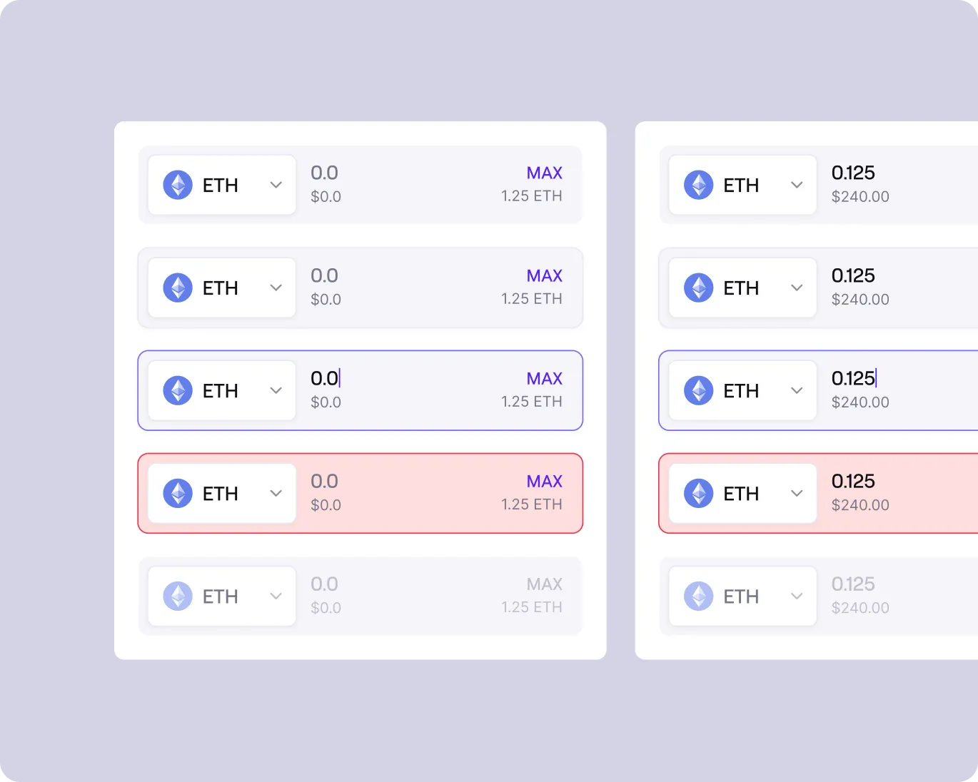 Two panels each showing input rows for ETH cryptocurrency amounts, with some rows highlighted in purple or red indicating selection or error states.