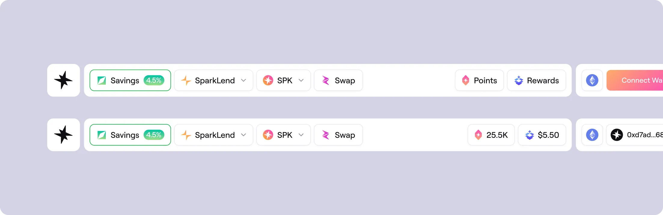 Two interface bars showing options for Savings at 4.5%, SparkLend, SPK token, Swap, Points, Rewards, Ethereum icon, and wallet connection with balance details.