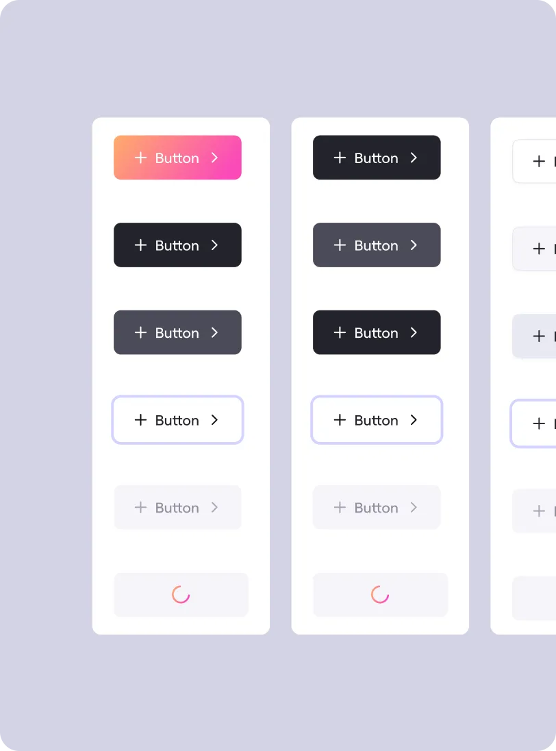 Two UI panels each showing six styled buttons labeled 'Button' with a plus icon, in various states including gradient, dark, outlined, disabled, and loading spinner.