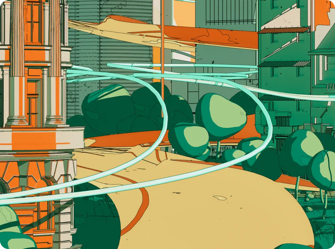 Abstract stylized cityscape with a large curved road, green trees, and classical and modern buildings in green and orange tones.