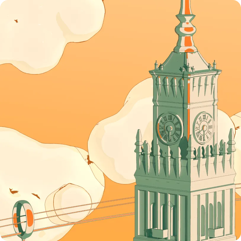 Illustration of a tall clock tower with Roman numerals on its clock faces against an orange sky with large white clouds.