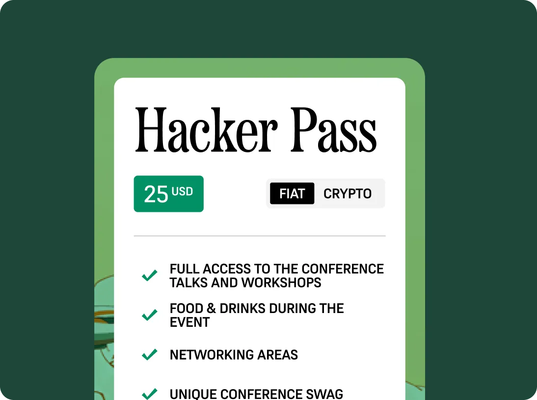 Hacker Pass ticket priced at 25 USD with options for fiat or crypto payment and benefits including full access to talks, food, networking, and conference swag.