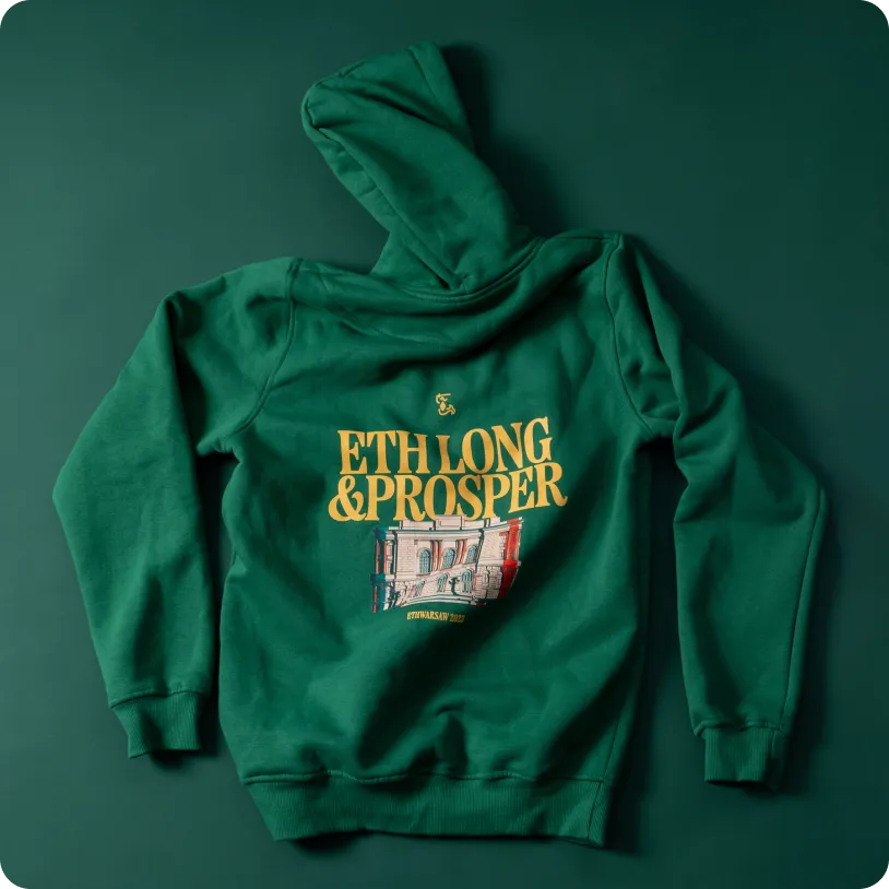 Green hoodie with yellow text 'ETH LONG & PROSPER' and an illustration of a building on the back.