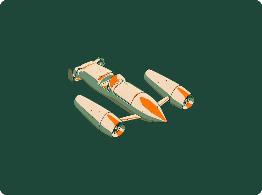 Stylized illustration of a futuristic aircraft with two large engines and a pointed nose on a dark green background.