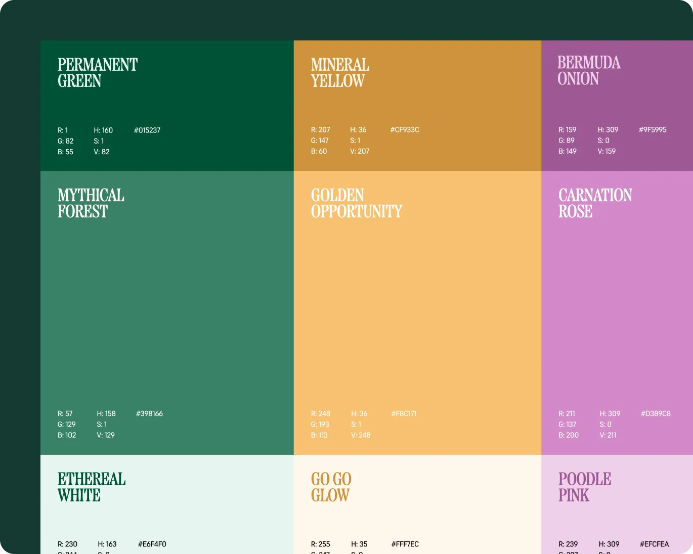 Color palette grid featuring nine color swatches with names and RGB, HSB, and hex values, including Permanent Green, Mineral Yellow, Bermuda Onion, Mythical Forest, Golden Opportunity, Carnation Rose, Ethereal White, Go Go Glow, and Poodle Pink.