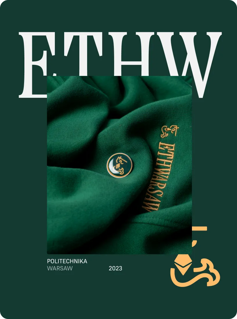 Green fabric featuring embroidered gold text 'ETHWARSAW' and a round pin with gold designs, against a dark green background with large white letters ET·HW and text 'POLITECHNIKA WARSAW 2023'.