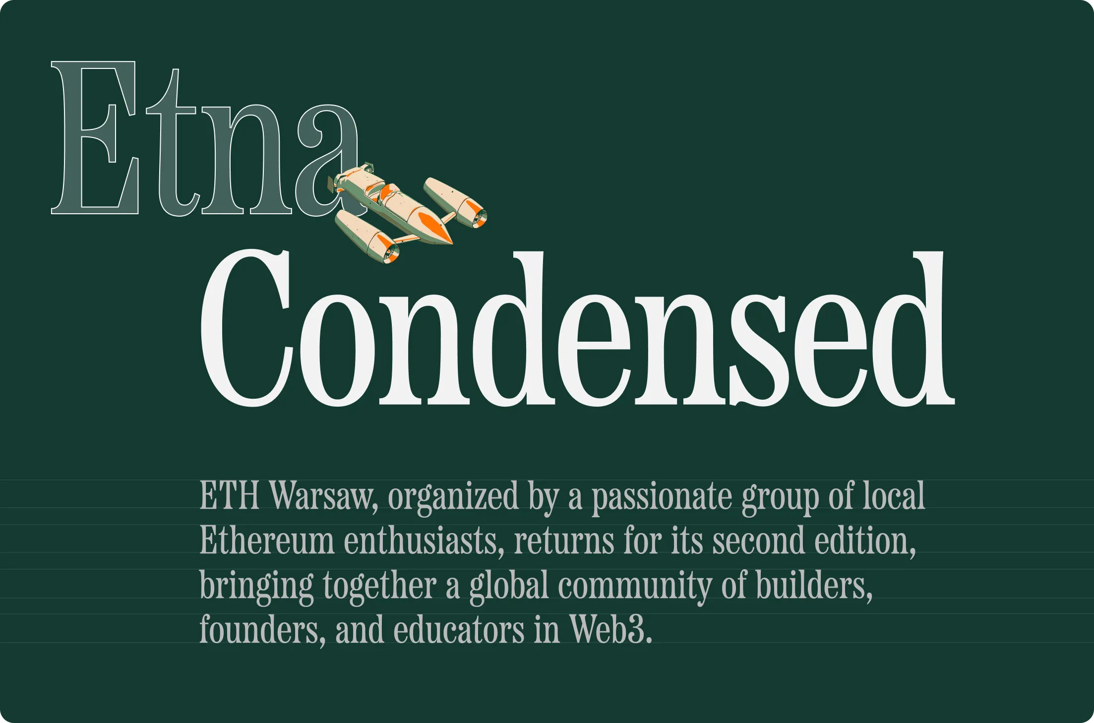 Text reading 'Etna Condensed' with a retro airplane graphic, above a description about ETH Warsaw's second edition bringing together Ethereum builders and educators in Web3.