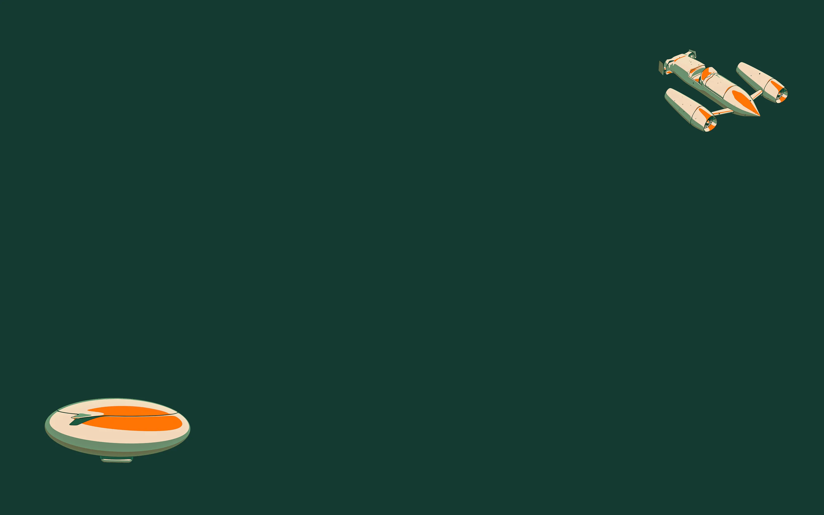Stylized illustration of a round orange and beige spaceship on the left and a separated beige and orange spaceship with detachable parts on the top right, set against a dark green background.
