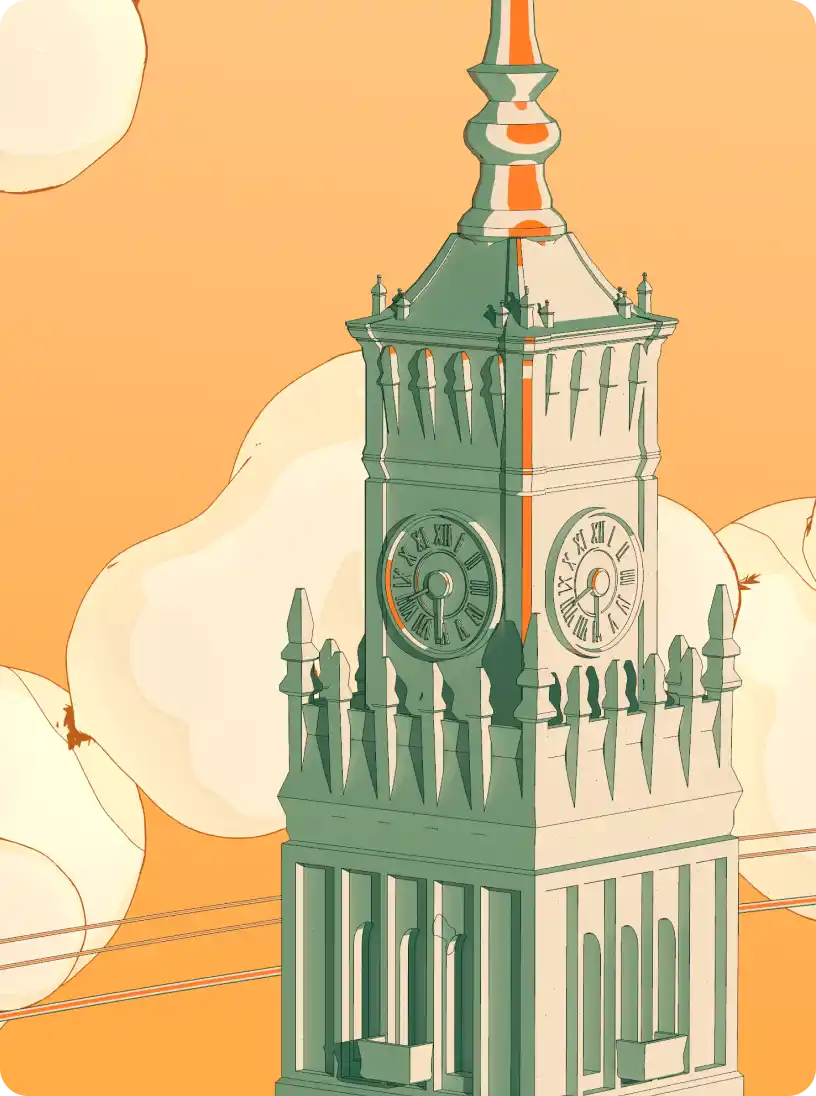 Illustration of a clock tower with Roman numerals and ornamental spires against an orange sky with clouds.
