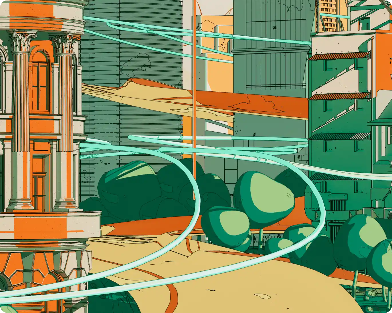 Illustration of futuristic cityscape with old classical building on the left, modern skyscrapers, curving elevated roads, and stylized trees in green and orange tones.