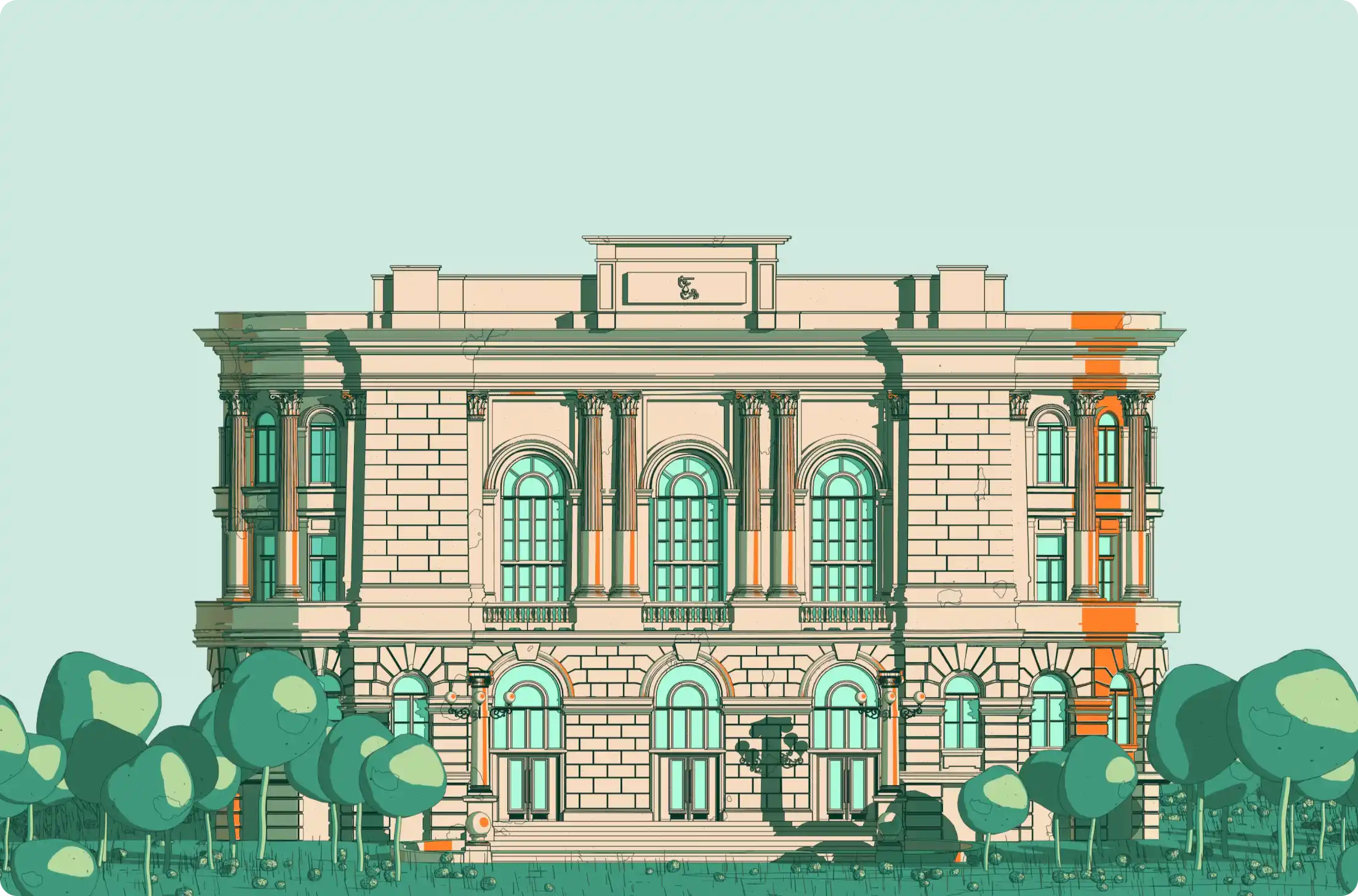 Illustration of a classical stone building with arched windows, ornate columns, and surrounding trees.