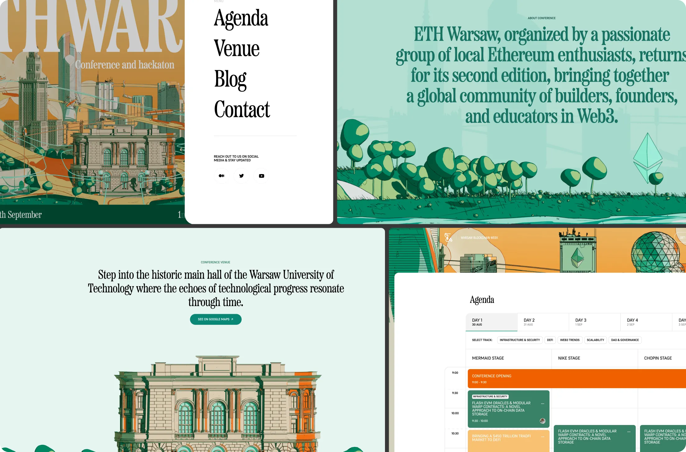Collage of ETH Warsaw conference visuals including event agenda, venue description with Warsaw University of Technology hall illustration, and a community message about Web3.