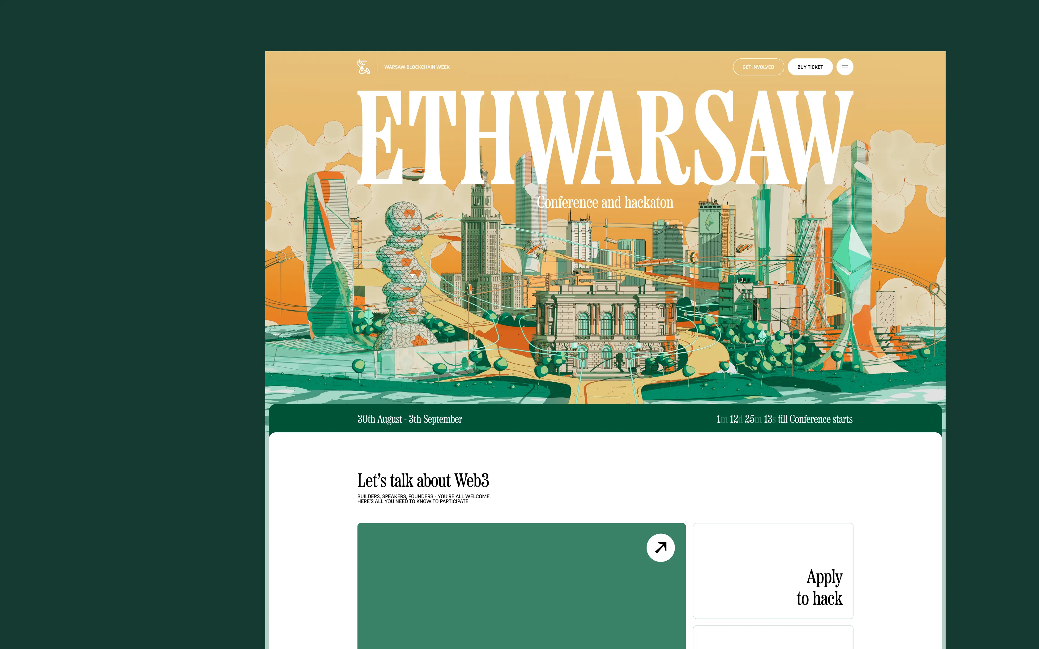 ETHWarsaw conference website showing a stylized city skyline with blockchain-themed graphics and event details.