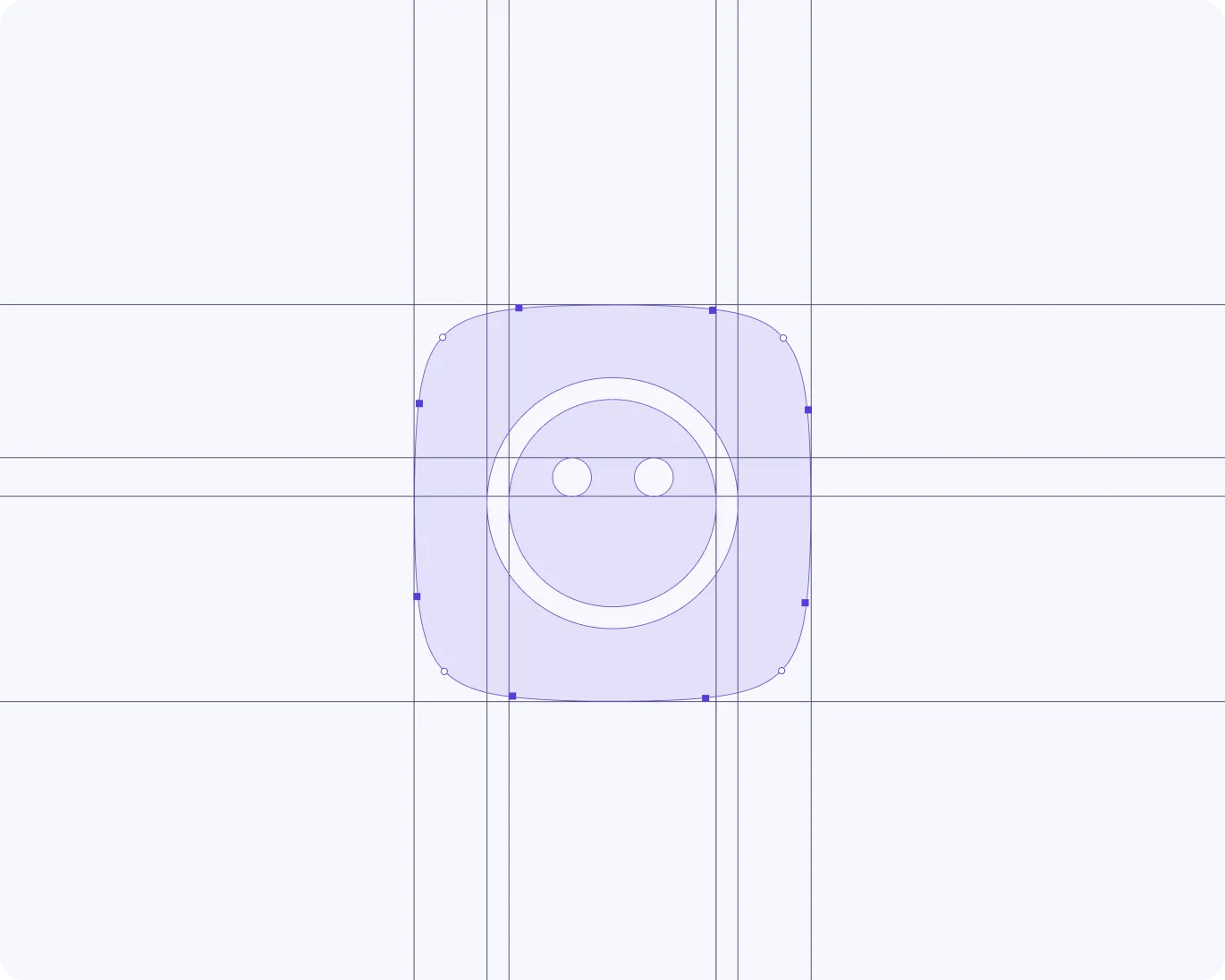 Abstract design of a rounded square with a circle and two small dots inside, overlaid with thin grid lines.