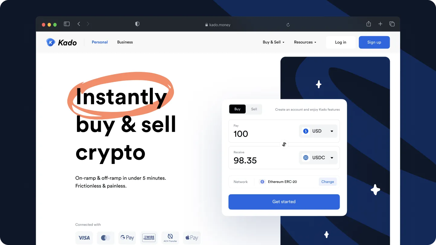 Kado website homepage showing crypto buy and sell interface with text 'Instantly buy & sell crypto' and payment options including Visa, Mastercard, Google Pay, Wire Transfer, ACH Transfer, and Apple Pay.