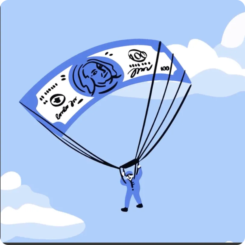 Illustration of a person skydiving with a parachute shaped like a large dollar bill against a blue sky with clouds.
