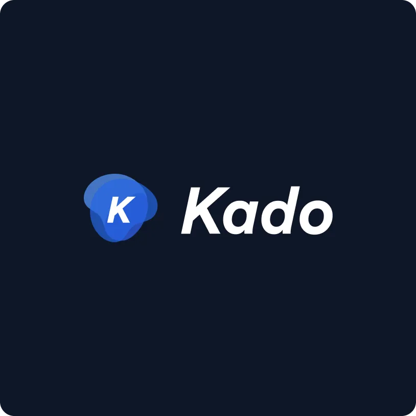 Kado logo with a stylized blue abstract shape containing a white 'K' next to the word 'Kado' in white on a dark blue background.