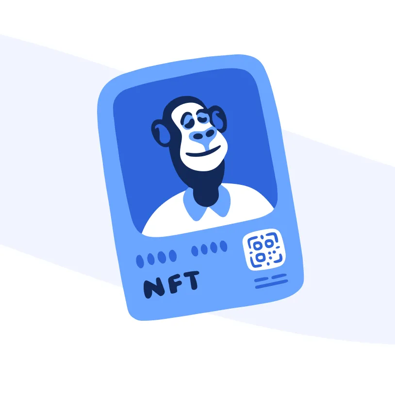 Blue digital card featuring a stylized monkey portrait with the text NFT and a QR code.