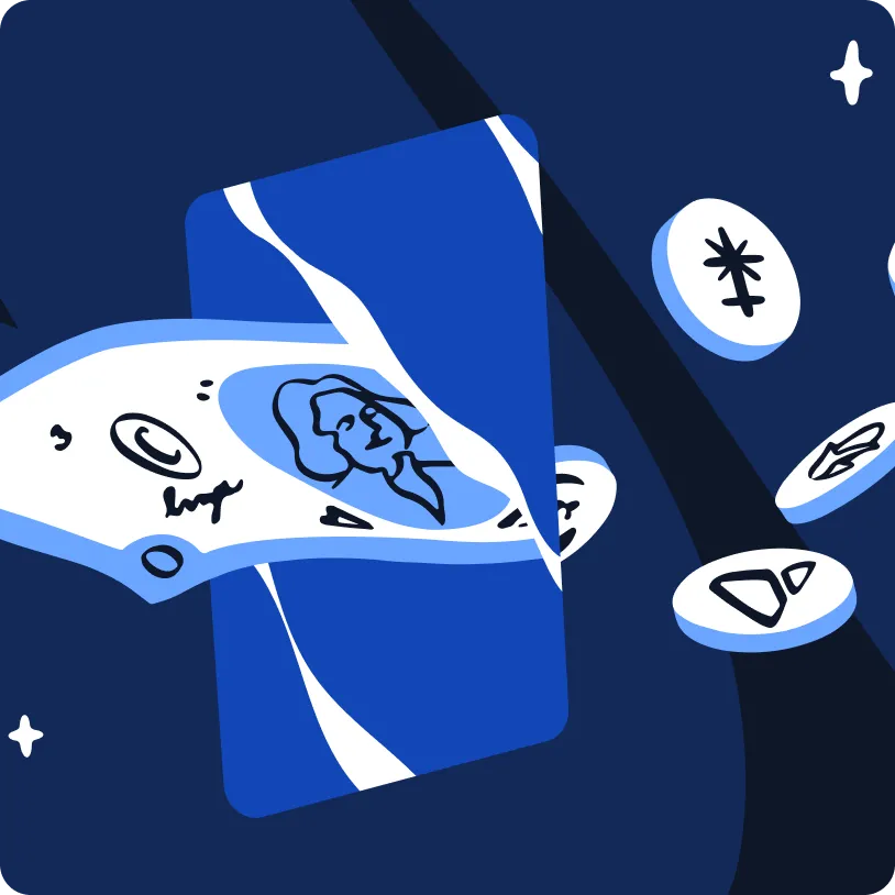 Illustration of a blue card with a paper bill featuring a portrait and signatures partially inserted into it, surrounded by floating coins with various symbols.