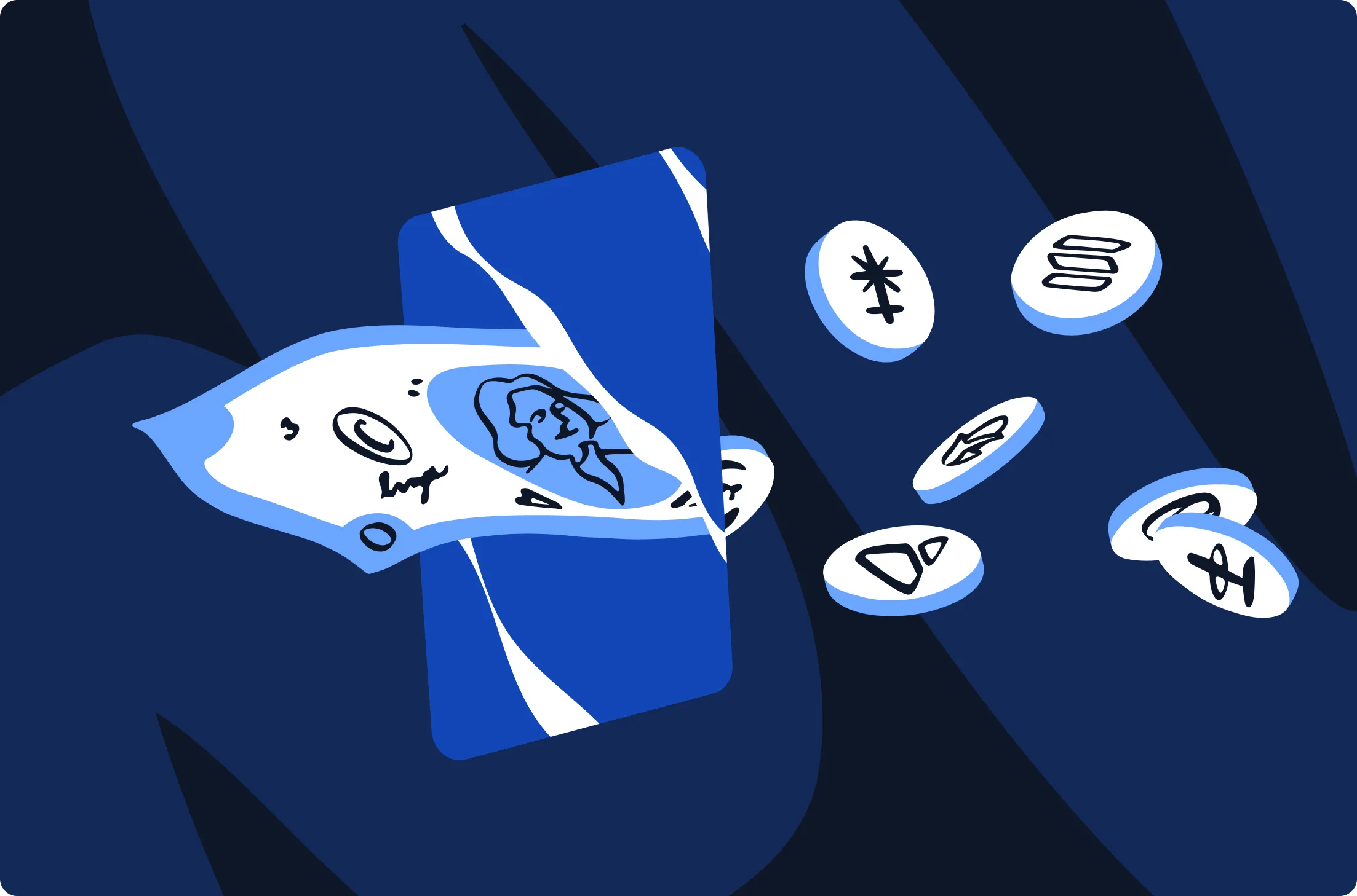 Digital wallet represented by a smartphone with a dollar bill emerging and various cryptocurrency coins floating around.