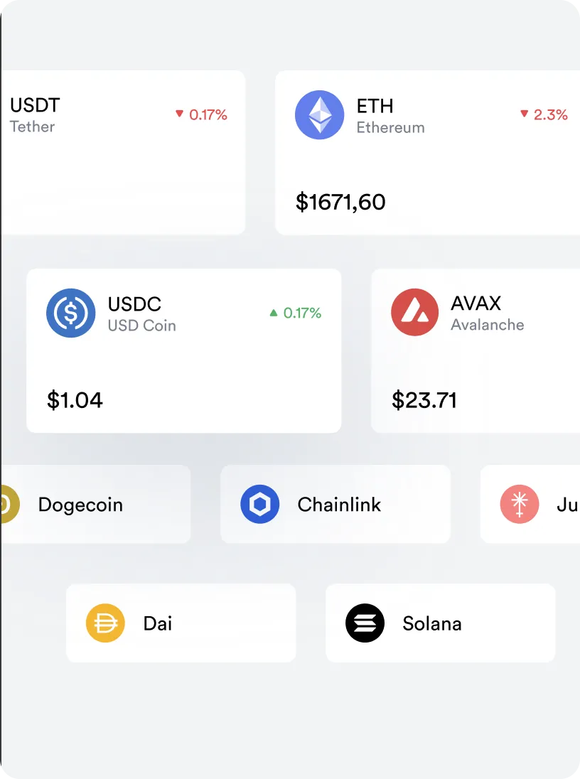 Cryptocurrency prices and changes: USDT down 0.17%, Ethereum (ETH) $1671.60 down 2.3%, USD Coin (USDC) $1.04 up 0.17%, Avalanche (AVAX) $23.71, with icons for Dogecoin, Chainlink, Ju, Dai, and Solana.