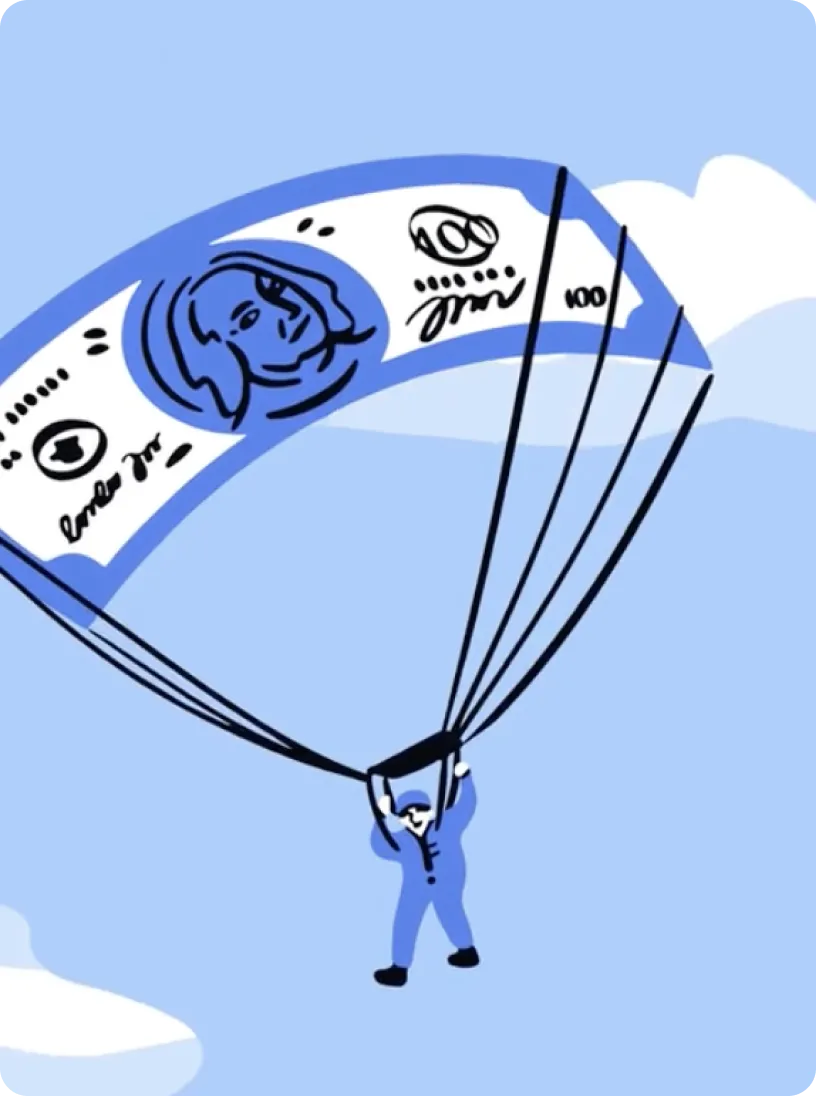Illustration of a person parachuting with a parachute designed like a hundred-dollar bill against a blue sky with clouds.