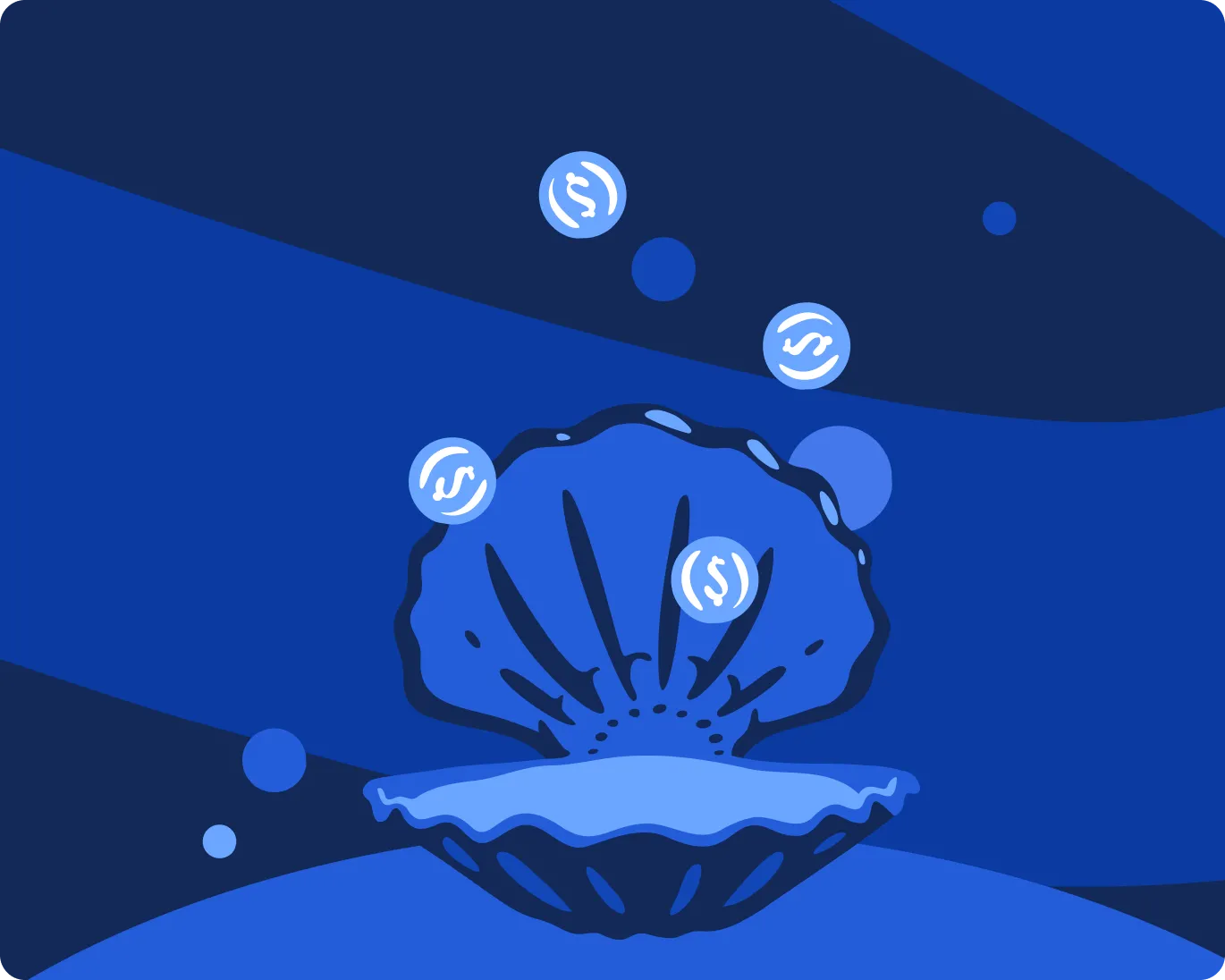 Illustration of an open clam shell with four floating digital coins displaying a dollar sign around it, on a blue abstract background.