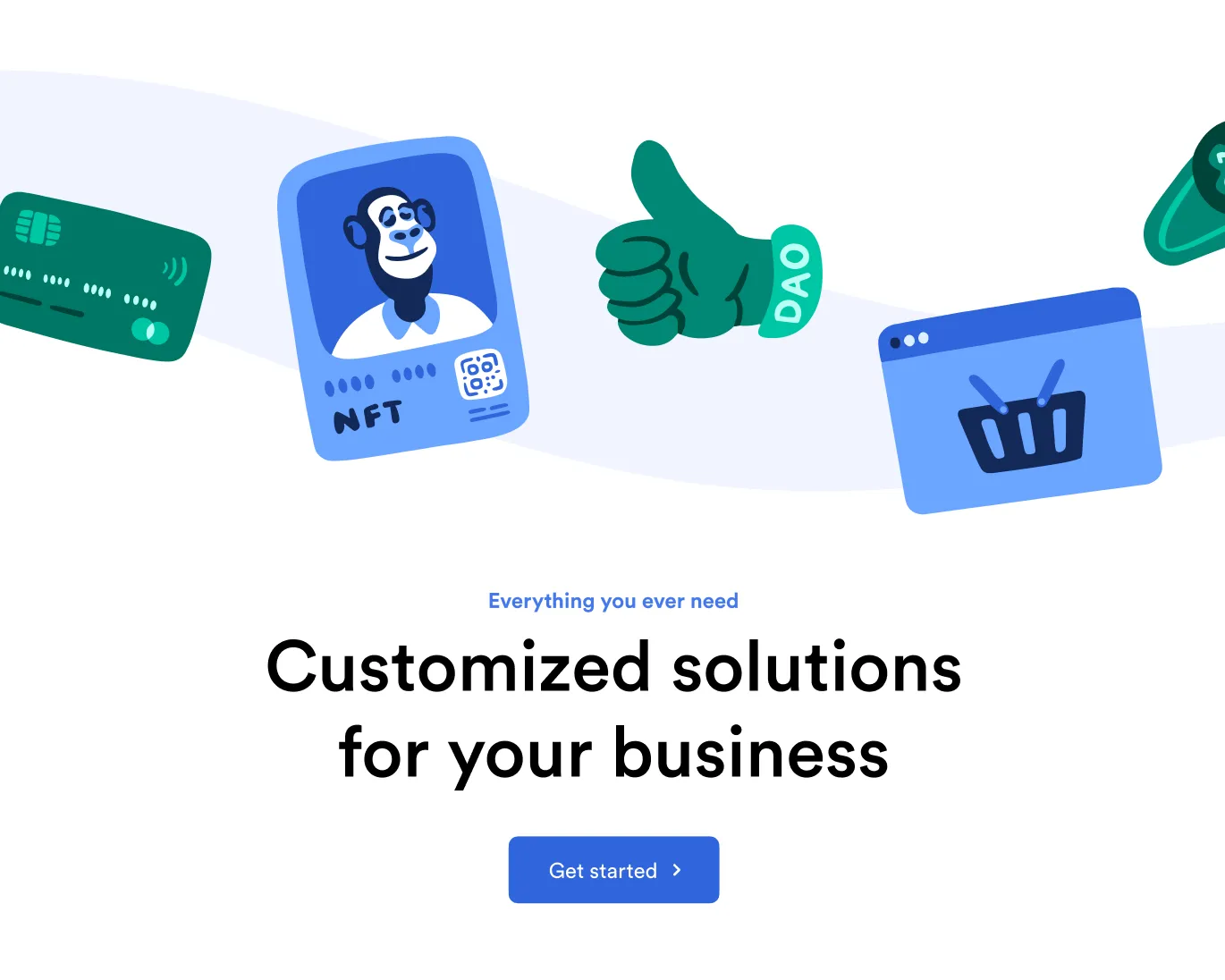 Illustrations of a green credit card, an NFT card with a monkey, a green thumbs-up labeled DAO, and a shopping basket, above text reading 'Customized solutions for your business' and a blue 'Get started' button.