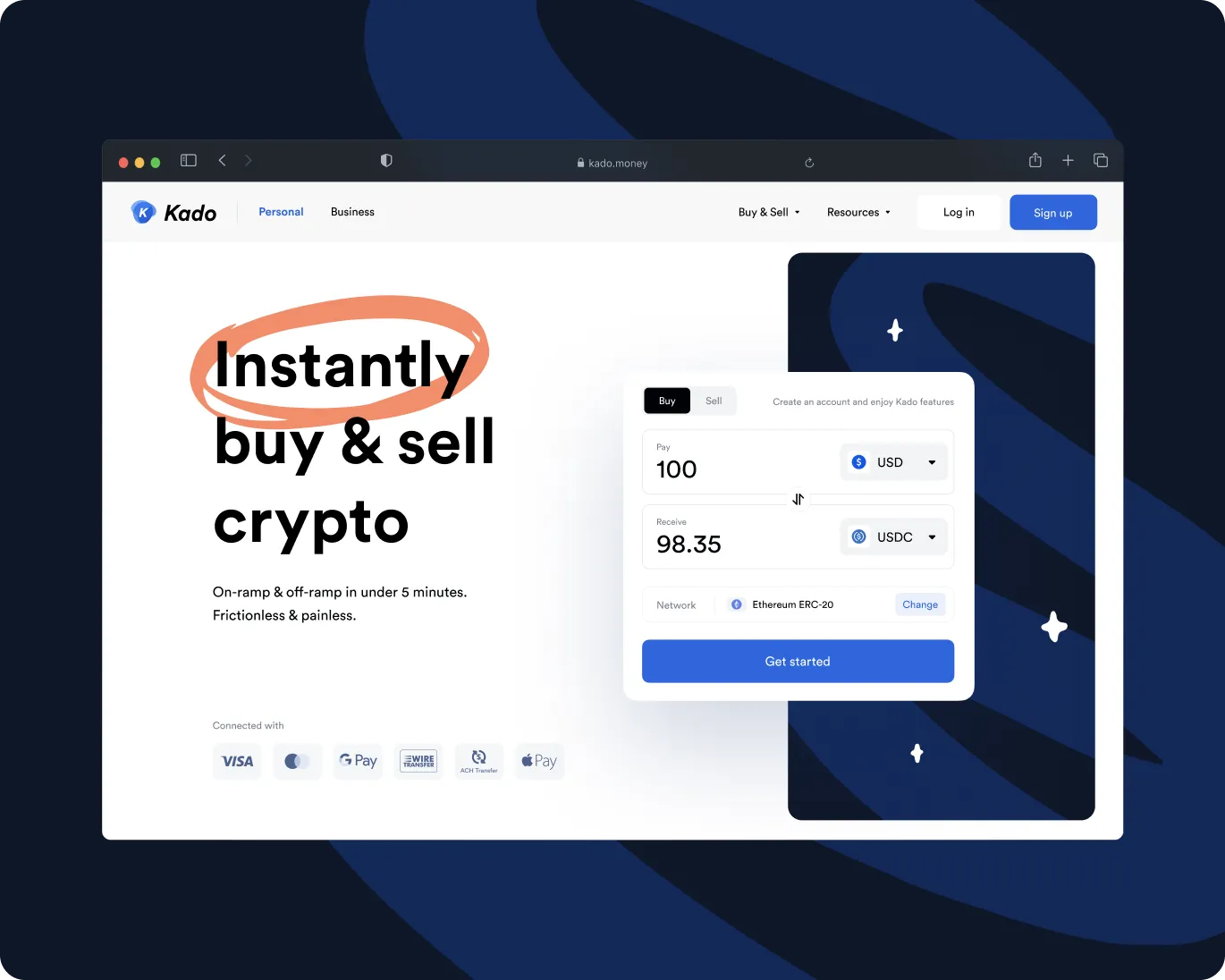 Kado website homepage showing a crypto buying and selling interface with the text 'Instantly buy & sell crypto' circled in orange.